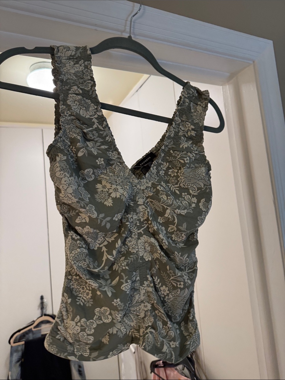 Express Sage Green Floral Smocked Tank